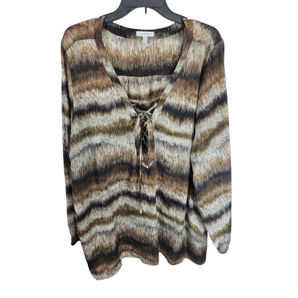 Vtg Fashion Bug Brown Striped V-Neck Lace Up Long Sleeve Top Women's Plus Sz 3X - Picture 1 of 13